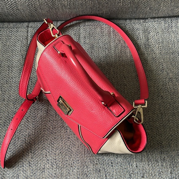Kate Spade Color Block Coral & Tan Leather Crossbody With Top Handle Handbag - Picture 11 of 16